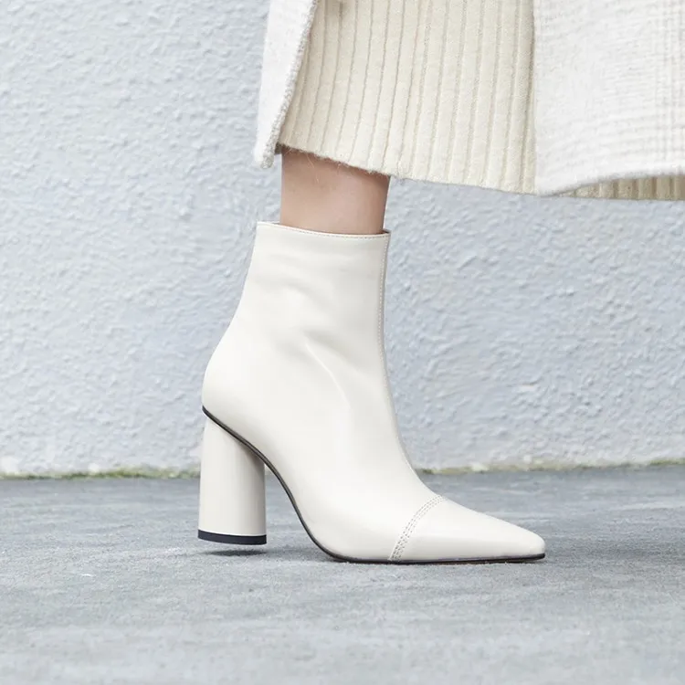 

Elegant Lady White Leather Boots Round Heel Pointed Toe Zipper Ankle Boots Designer Shoes Women