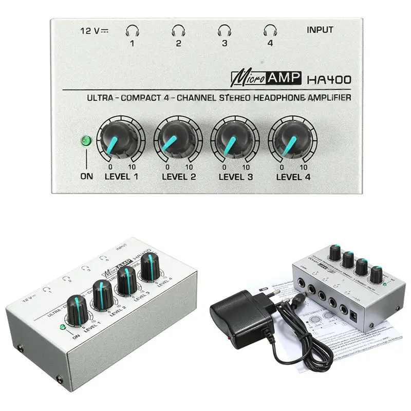 HA400 ультра-компактный 4 канала мини аудио стерео усилитель для наушников усилитель Microamp с ЕС Мощность адаптер