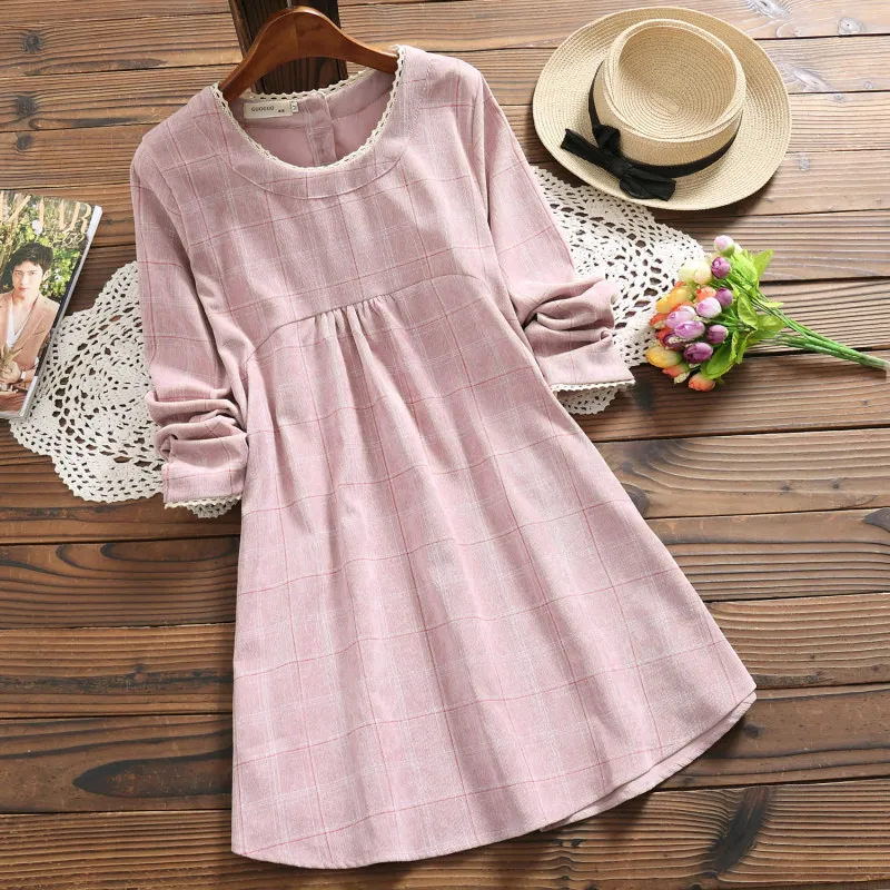 Spring Autumn Pink Tunic Dress Women Lace Collar Long Sleeved Plaid ...