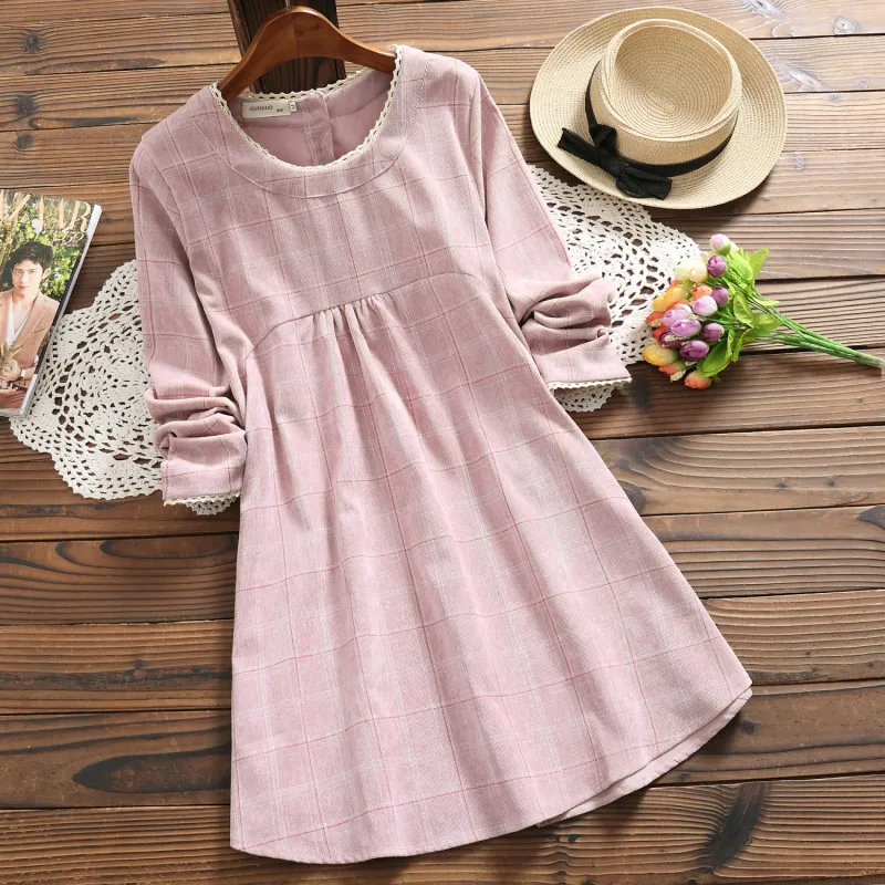 Spring Autumn Pink Tunic Dress Women Lace Collar Long Sleeved Plaid