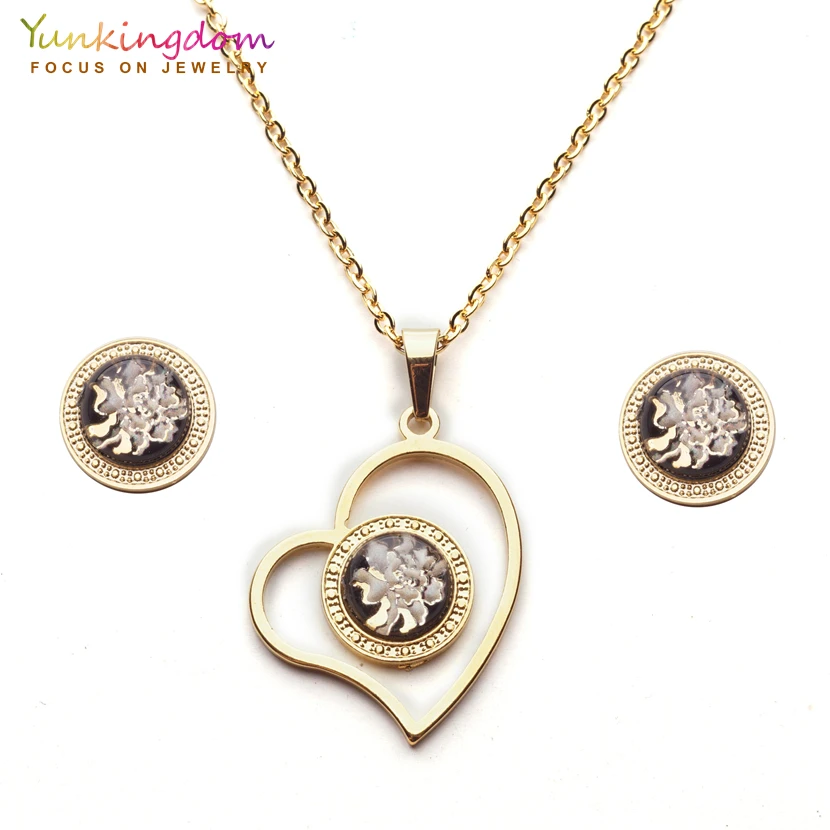 

Yunkingdom vintage round crystal dubai jewelry sets pendant necklace earrings for women stainless steel UE0276
