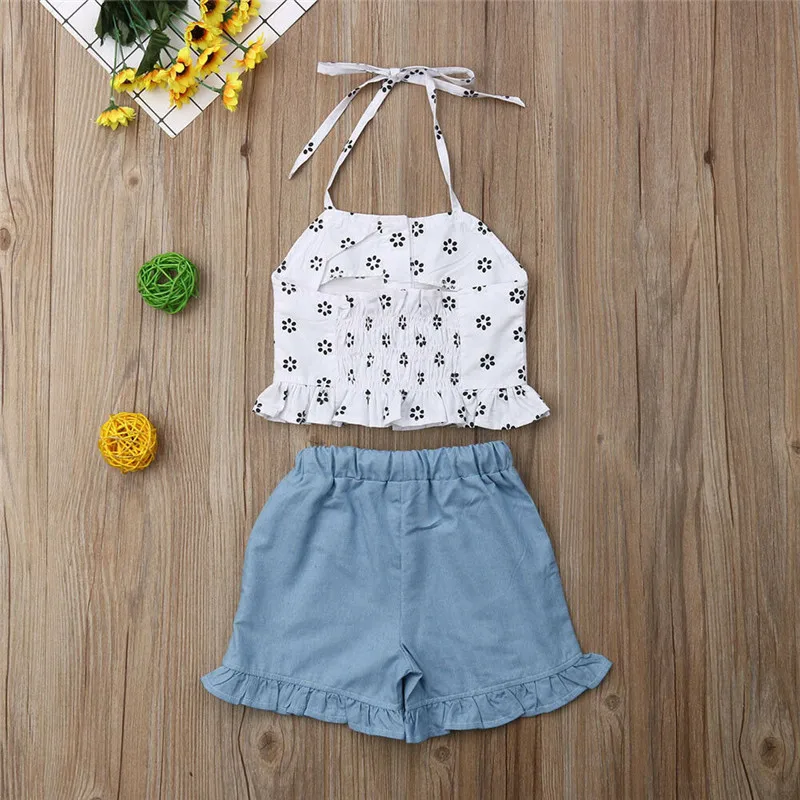 Модная одежда для маленьких девочек, ремешок с цветочным принтом, топ+ джинсовые шорты, комплект летней одежды
