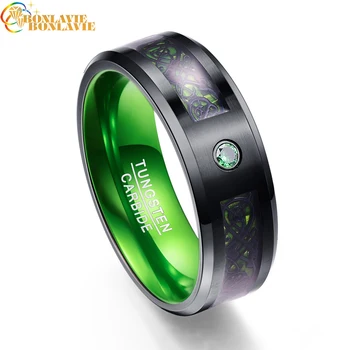 

Carbon Fiber Green Zircon Men Rings 100% Tungsten Carbide Wedding Bands Gift Anillos para hombres Black Dragon