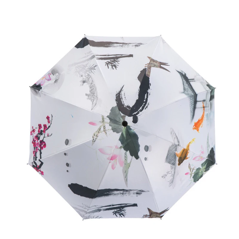 Three Folding Art Ink Painting Umbrella Women Sunny Waterproof