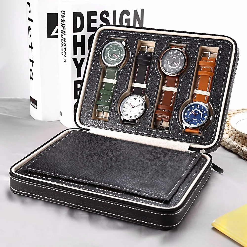 

8 Grids PU Leather Watch Box Storage Showing Watches Display Storage Box Case Tray Zippere Travel Jewelry Watch Collector Case