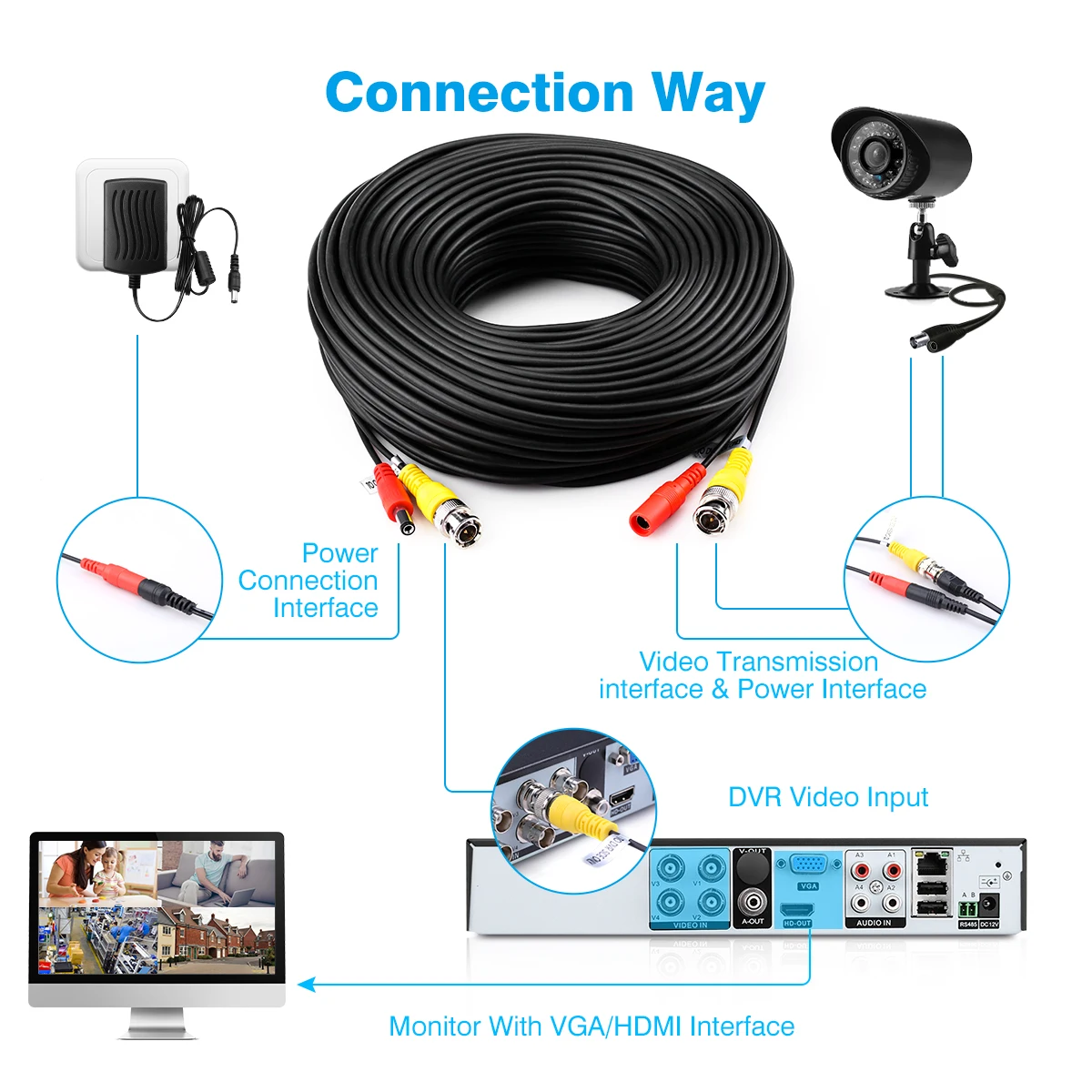Universal 10m/20m/30m/40m/50m/60m CCTV Camera Cables Recorder Video Cable DC Power Security Surveillance Camera BNC Cable
