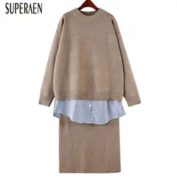 SuperAen 2019 весна вязаный женский из двух частей полосатый длинный рукав круглый воротник пуловеры свитер Повседневная дикая юбка женские
