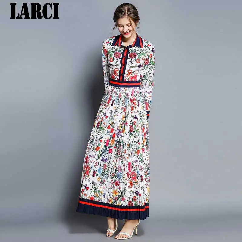 LARCI High Quality Runway Maxi Dress Autumn Fashion Designer Women's Long Sleeve Vintage Flower Print Pleated N5306 | Женская одежда