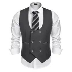 Для мужчин u-образным вырезом без рукавов двубортная модель Slim Fit Лоскутная Бизнес, Рабочий костюм жилет карман, кнопка
