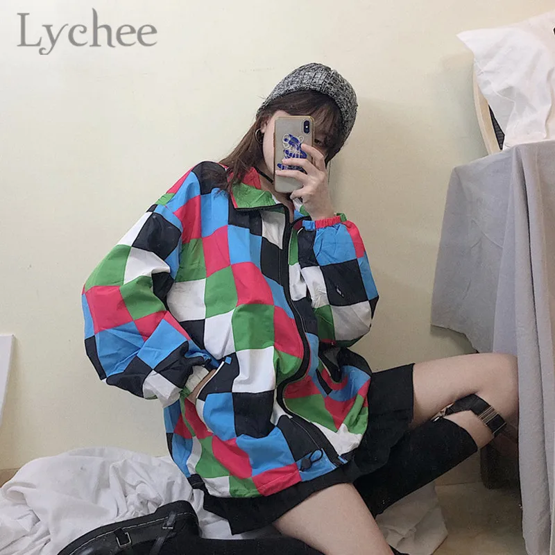 Lychee Harajuku хит цветная клетчатая Женская Солнцезащитная куртка на шнурке с длинным