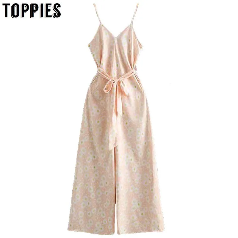 

Summer Sleeveless Jumpsuits Women Sunflowers Printing Pink Rompers Party Sexy Camisole Playsuits Loose Wide Leg Trousers