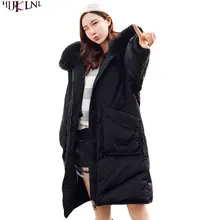 Новая женская зимняя куртка на утином пуху длинное пальто свободная меховая с капюшоном однотонная верхняя одежда размера плюс Повседневная утолщенная теплая верхняя одежда AC214