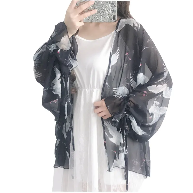 

#5425 Summer Cardigan See Through Blouse Plus Size Loose Black Batwing Sleeve Japan Style Kimono Chiffon Blouse Femme Harajuku