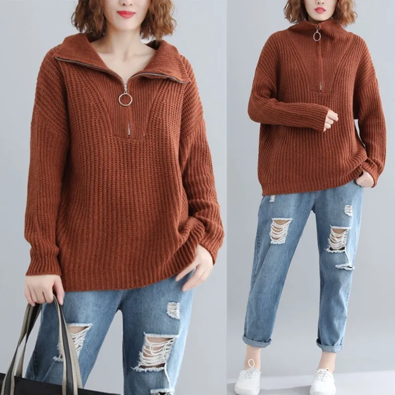 Coffee Sleeve Knitted Solid Zipper Pullovers Sweater Turn Down Winter Buykud Red Batwing Collar Long Women Cotton Casual qgavU