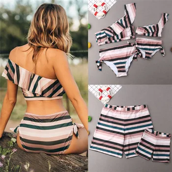 

Family Matching Swimwear Mother Father Daughter Son Women Men Toddler Kid Girl Boy Stripe Bikini Set Swimsuit Clothes Outfits