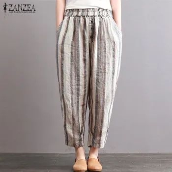 

ZANZEA Women Linen Striped Pantalon Oversized Vintage Casual Harem Pants Female Elastic Waist Work Trousers Pantalons Palazzo