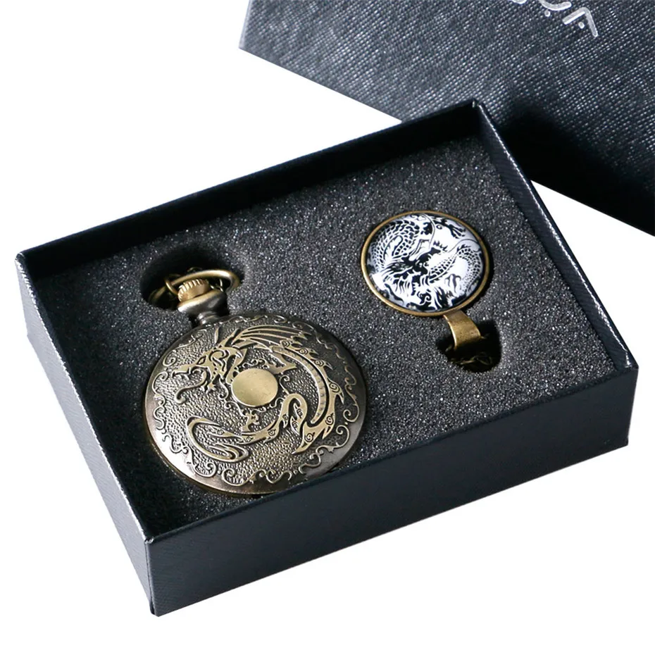 

Bronze Vintage Pocket Watch Men Present Set Retro Flying Dragon Design Pendant Clock Exquisite Necklace Pendant with Gift Box