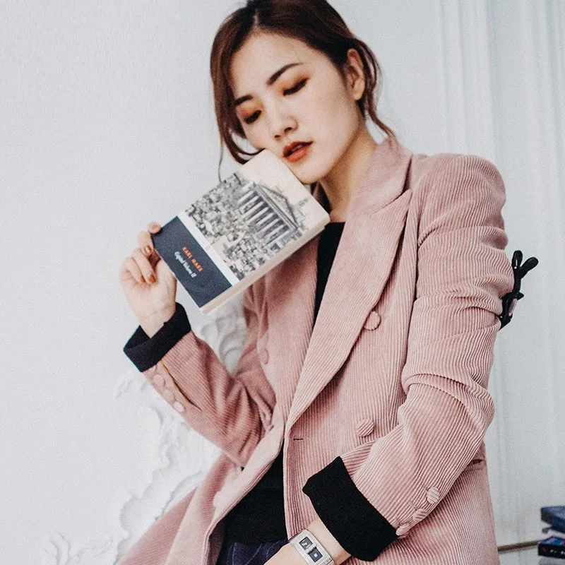 Hiver Rose Survêtement Pink De Queechalle Lady Mince Couleur Office Automne Manteau Femmes Entaillé Veste Velours Blazer Femelle Costume SAARdx8qn