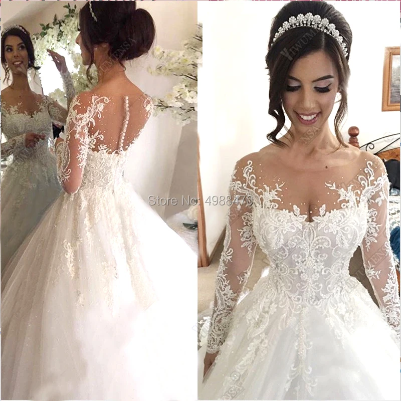 

Luxury Ball Gown Peals Wedding Dresses Custom Made Tulle Bridal Wedding Gown Appliques Dresses Robe De Marriage Dubai Arabic