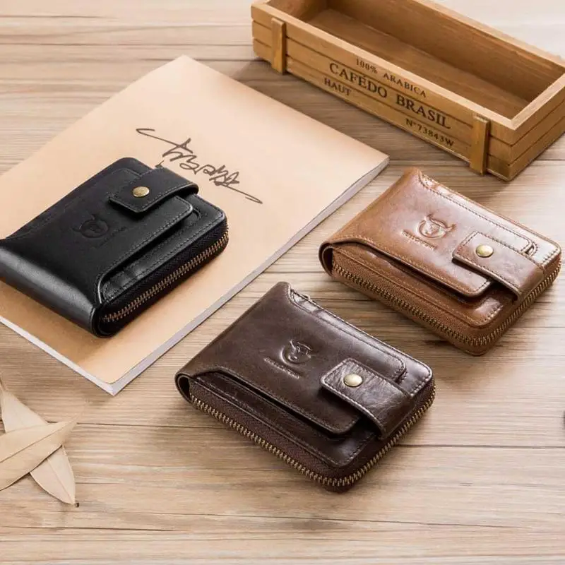 Мужской кошелек BULLCAPTAIN из натуральной кожи фирменный RFID тонкий на молнии с