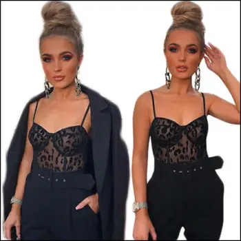 

Women's Sexy Sheer Mesh Lace Jumpsuit Tops 2019 New See Through Bodycon Shirt Sleeveless Bodysuit Romper S-M