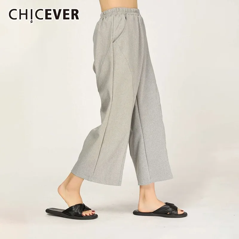

CHICEVER Spring Casual Women Wide Leg Pant Elastic Waist Front Pleated Patchwork Pockets Loose Slim Female Ankle-length Pants