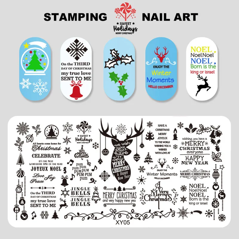 Kimcci Christmas Nail Art Stamping Plate Snowflake Reindeer Tree New Year Pattern Manicure Image Template Festival Nails Stencil 5