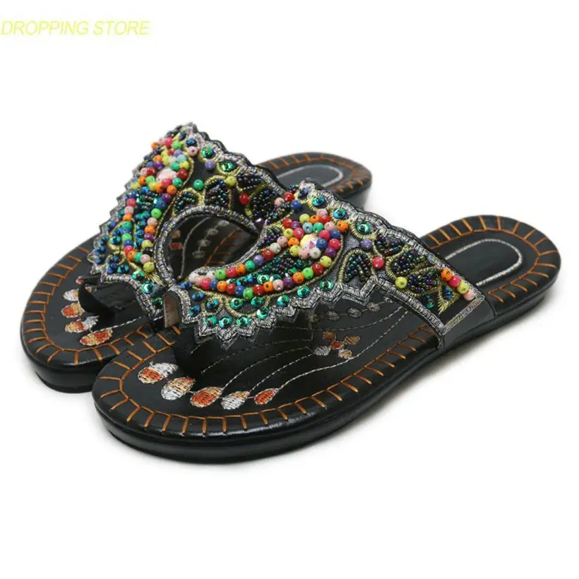

2019 Rhinestones Shoes Women Low Heel Summer Oxfords Shoes String Bead Wedding Party Thong Sandals Punk Slippers