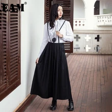 [EAM] Новинка года; сезон весна-лето; черная плиссированная юбка с высокой эластичной резинкой на талии, со складками, стежком и ремешком; женская модная юбка; JR389