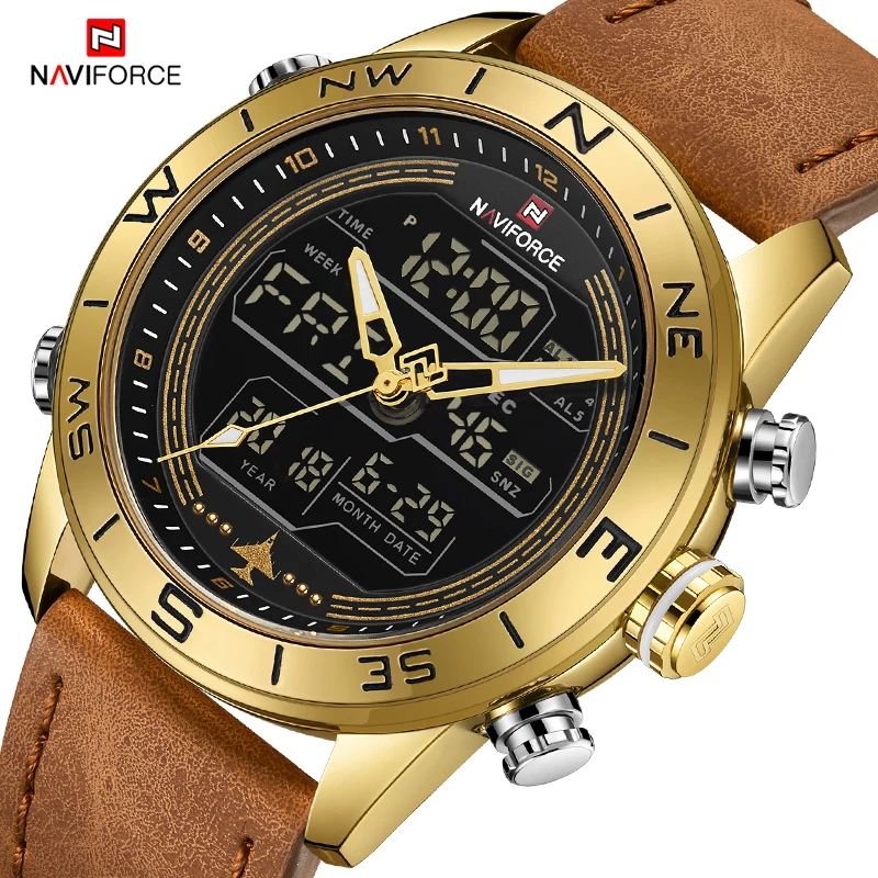 Online Marca de lujo hombre NAVIFORCE 9144 oro ejército militar reloj Led Digital de cuero relojes deportivos reloj de cuarzo para hombre reloj Masculino