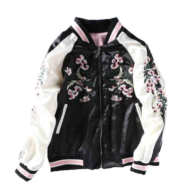 New Cherry Blossoms Embroidery Bomber Jacket For Women Long Sleeve