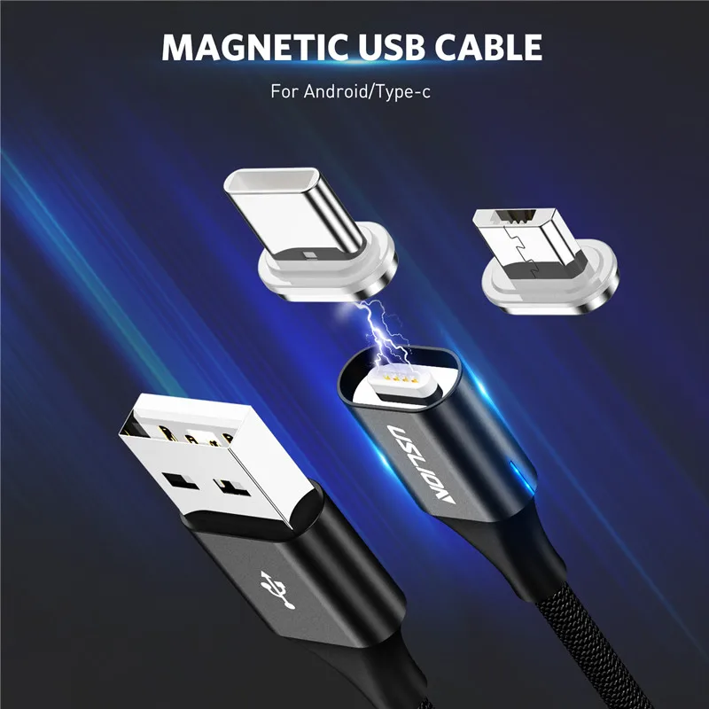 Магнитный кабель USLION 3A Micro USB Type C светодиодный магнитный для быстрой зарядки Samsung