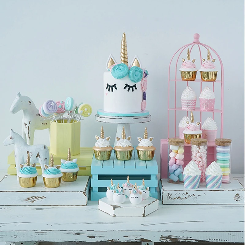 

Showcase Decorating Set Artificial Unicorn Cupcake Fake Fondant Cake+cake Stand& Tray+decoration Ornament 43 Pcs Set