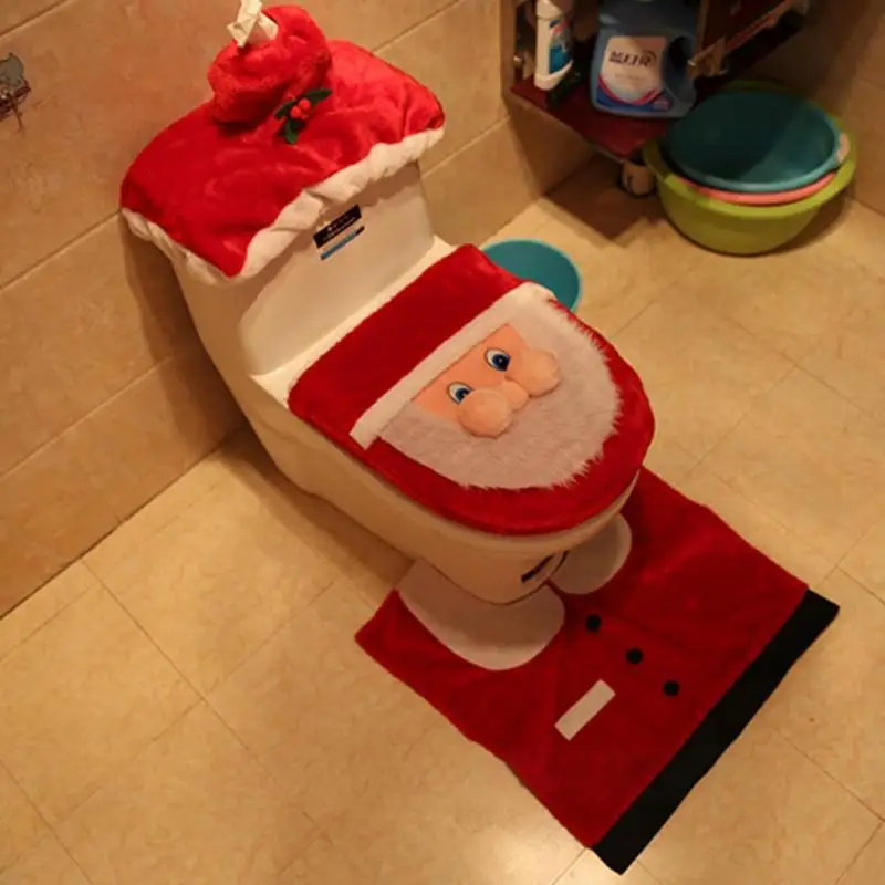 

1Set Toilet Foot Pad Seat Cover Cap Christmas Decorations Happy Santa Toilet Seat Cover and Rug Bathroom Accessory Santa Claus