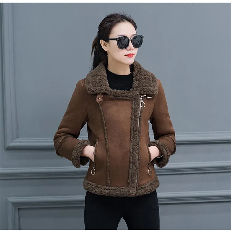 2018 Winter Suede Leather Jacket Women Short Lamb Wool Coat Thick Lambs