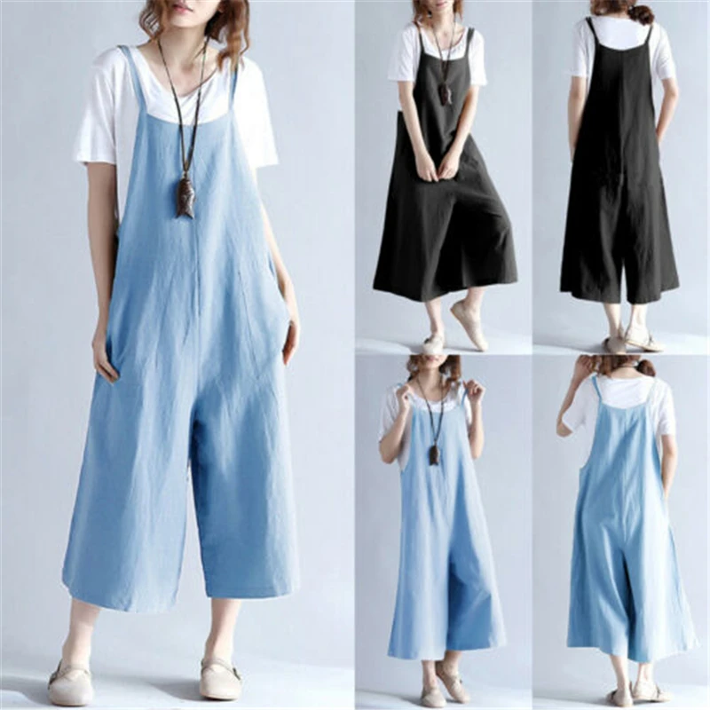 

Casual Women Cotton Linen Dungarees Jumpsuits Romper Long Pants Trousers Overall
