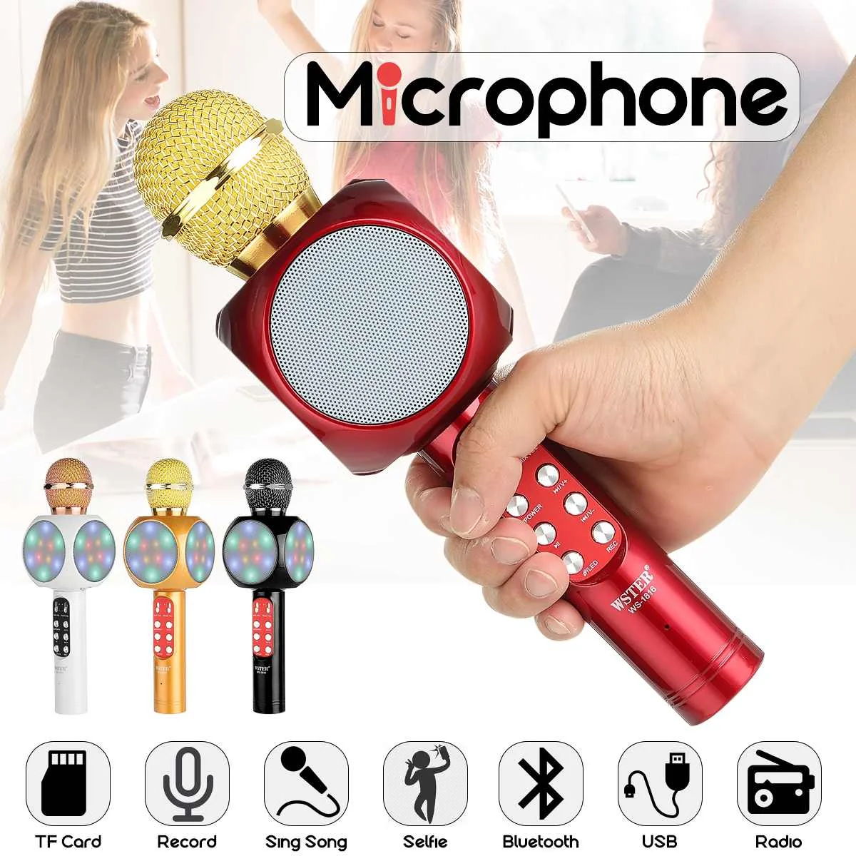 

WS-1816 Wireless bluetooth Karaoke Microphone Mic USB Speaker Home KTV Play