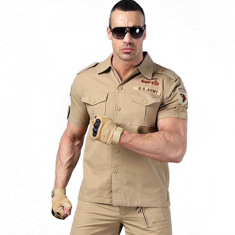 Мужская рубашка цвета хаки с коротким рукавом, рубашка в стиле милитари для мужчин, блуза пилота камуфляжного цвета с двойным карманом, свободная армейская зеленая модель, новая модель мужской рубашки