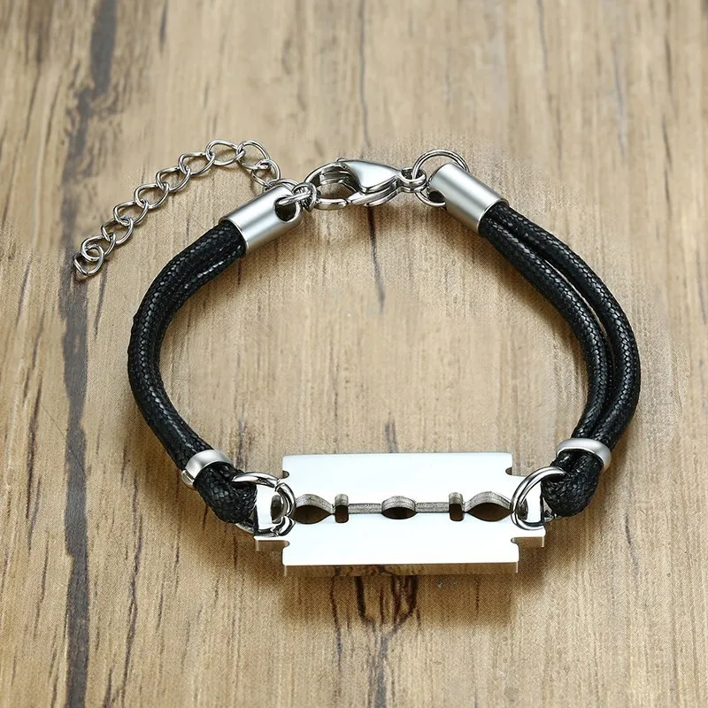 Двойной веревки цепи для мужчин браслет черный цвет нержавеющая сталь бритвы лезвия дизайн регулируемая длина хип хоп мужские подарки