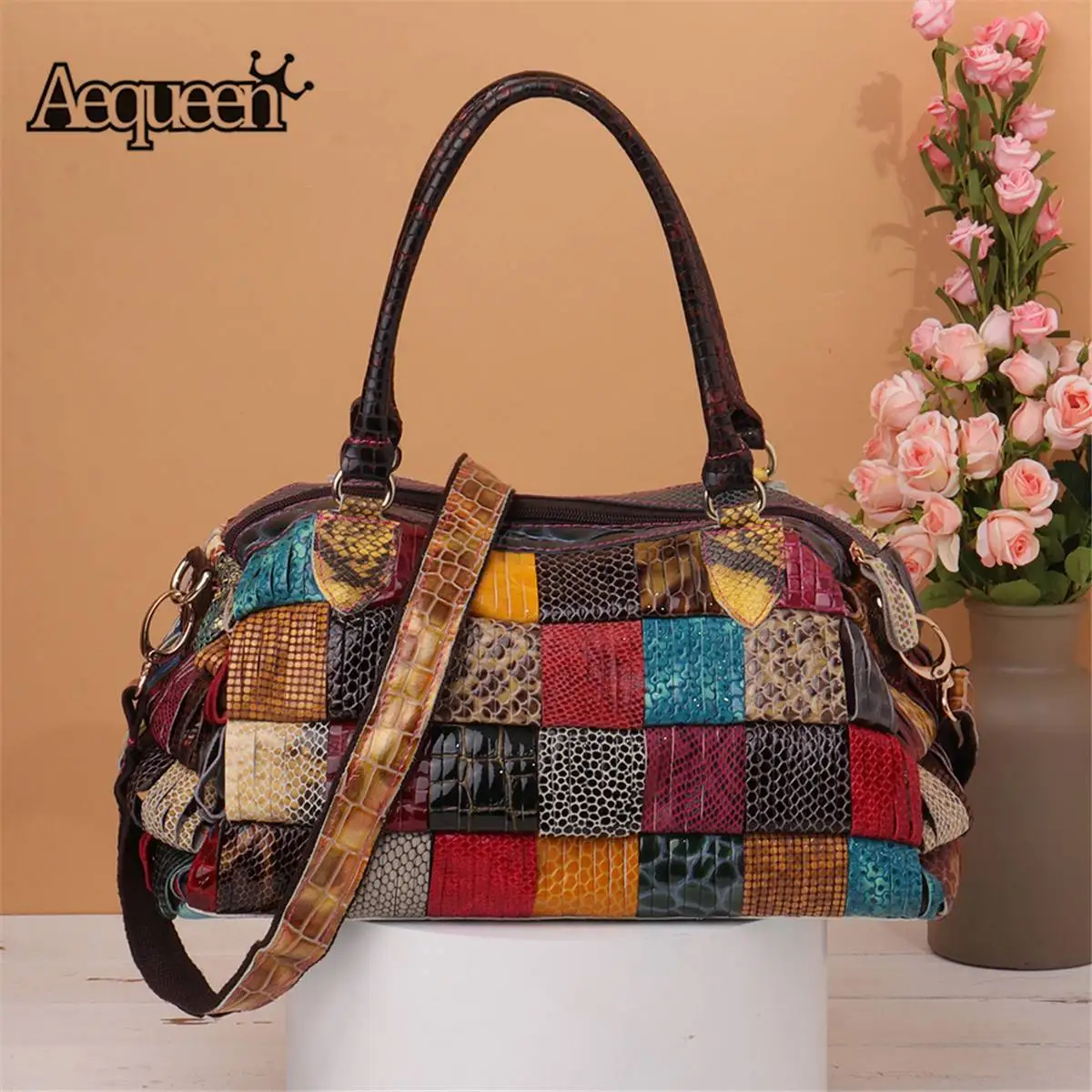 Aequeen Female Patchwork Genuine Leather Handbags Feminine Bolsa Women