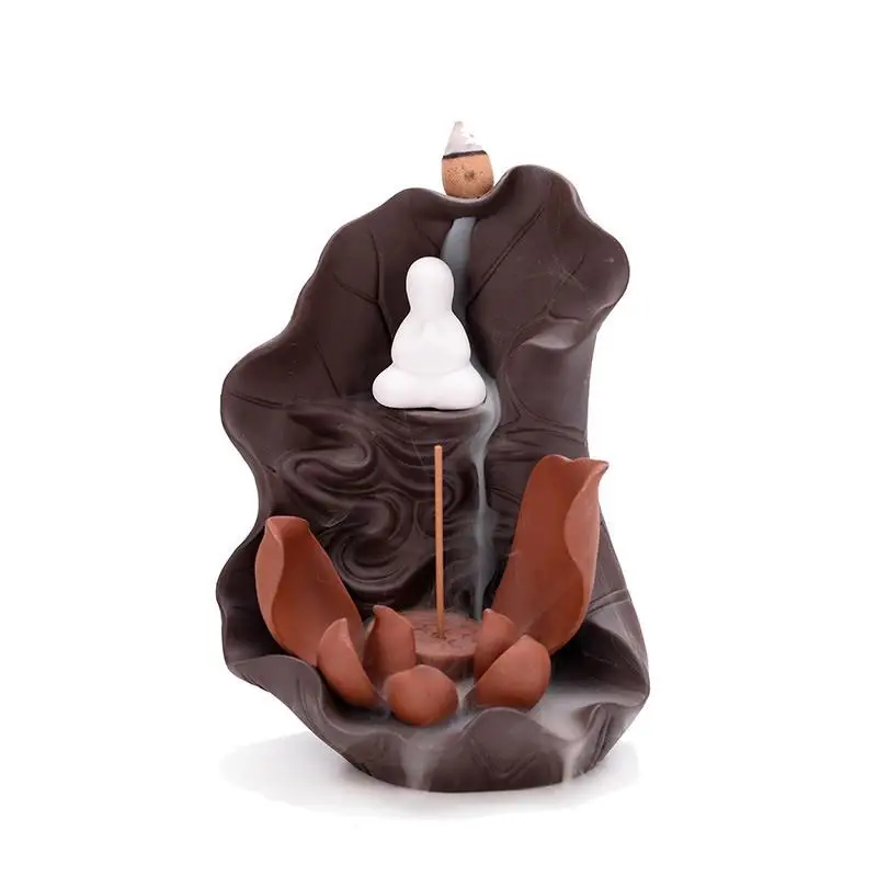 

Purple Clay Backflow Incense Burner Ceramic Little Monk Stick Incense Holder Home Decor Lotus Flower Aromatherapy Buddha Censer