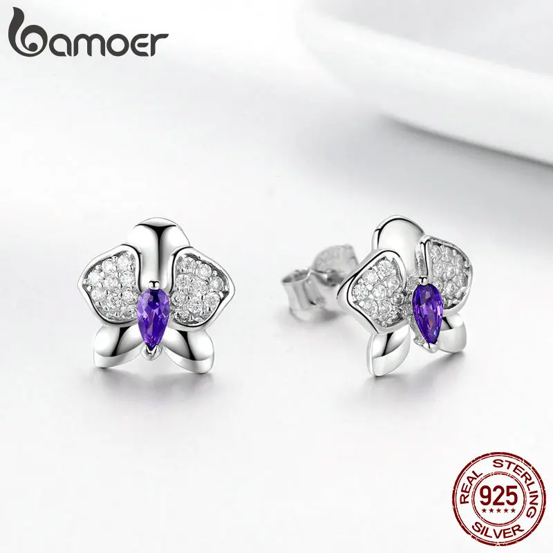 Женские серьги гвоздики с цветком орхидеи BAMOER из серебра 925 пробы прозрачным