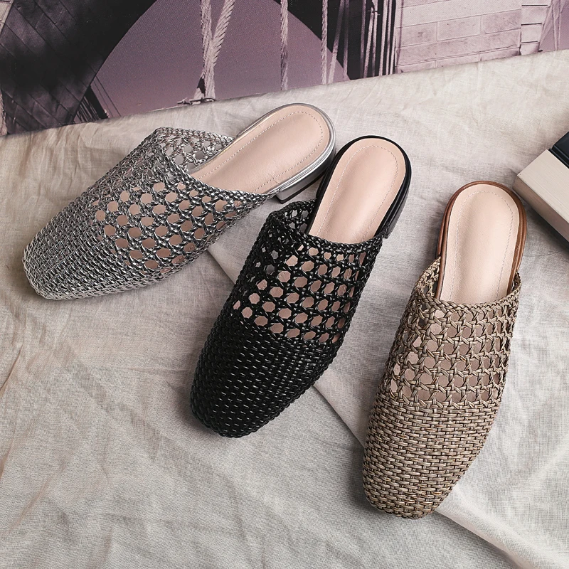 

2018 Environmentally Weaving Summer Slippers Hollow Women Mules 2 cm Heels Sexy ladies Shoes Woman Size 34-40 Box Packing T11