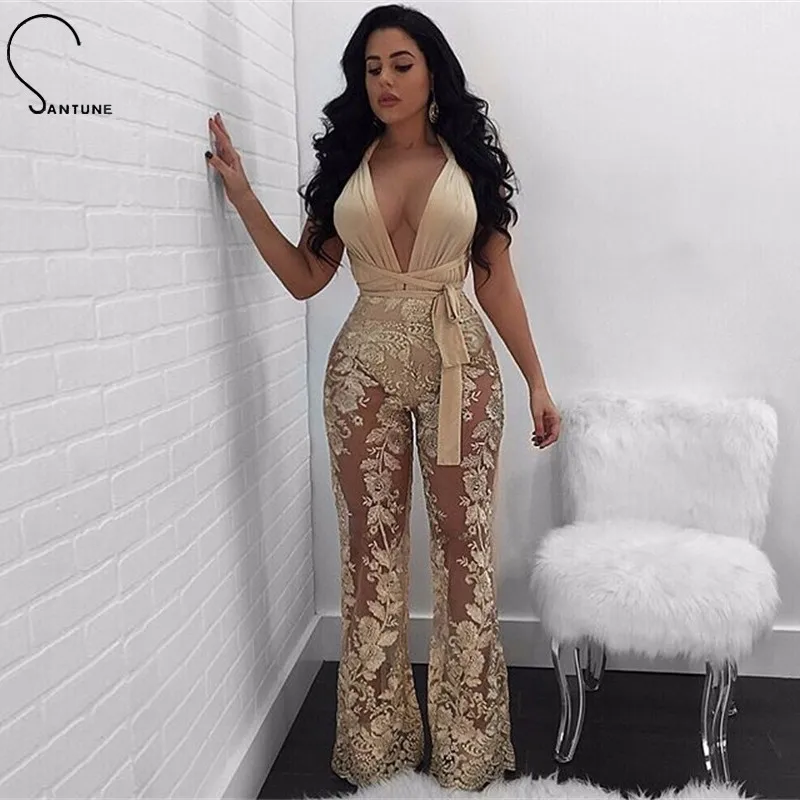 

Santune Floral Print Embroidery Jumpsuit Women Sexy Transparent Backless Bandage Romper Clubwear Party Women Jumpsuits Overalls