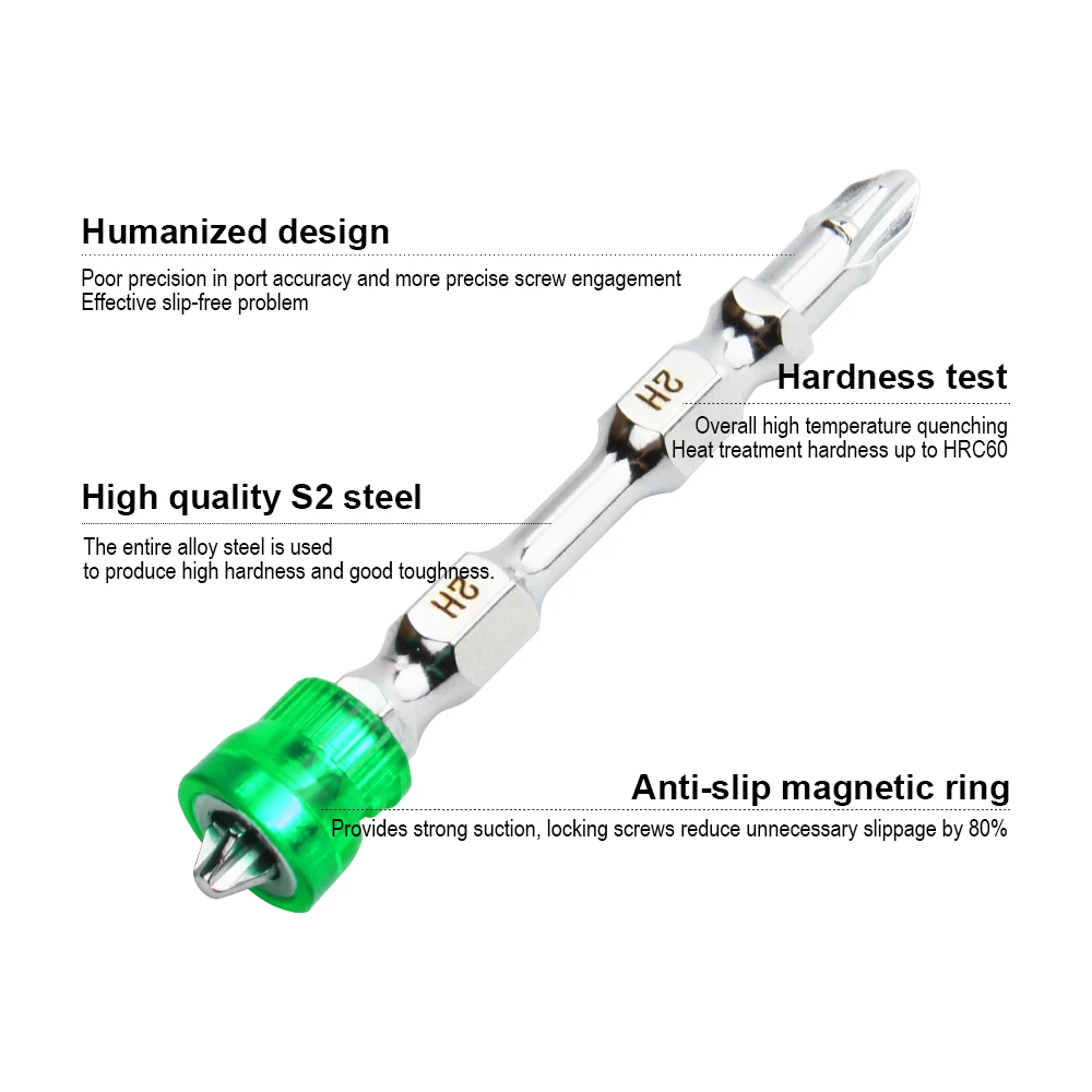 Jelbo 1PC 10.4MM Green Magnetic Cross Double Head Screwdriver Bit S2 Steel 65mm Electric Screw Driver Bit For Electric Drill