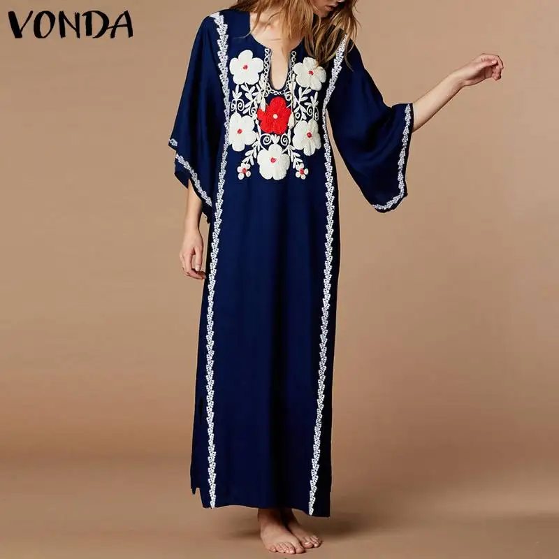 

VONDA Women Floral Print Dress 2019 Autumn Sexy V Neck Flare Sleeve Long Party Dresses Plus Size Retro Holiday Vestidos