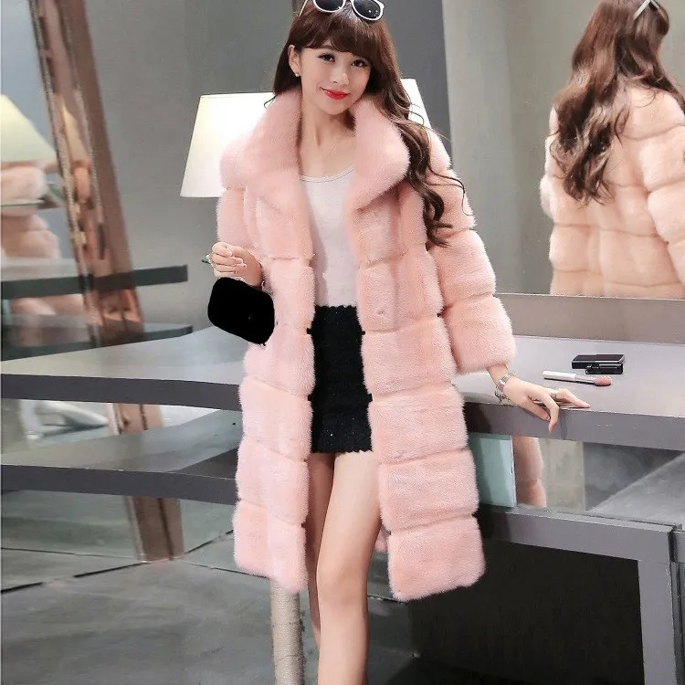

2018 Winter Warm Mink Fur Long Coats Women Elegant Stand Collar Hooded Woolen Coats Solid Imitated Loose Outerwear