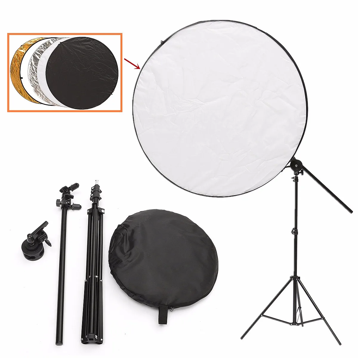 

5 in 1 108cm Reflector Disc + Bracket Arm + Light Stand +Clip Studio Photo Kit Adjustable Height Practical Aluminum Alloy Stable