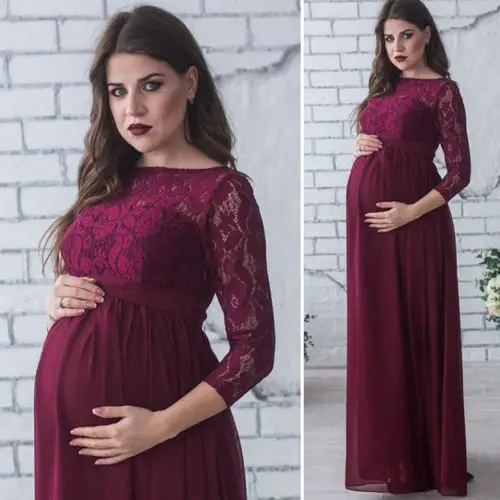 Women Lace Long Pregnancy Dress Clothes Women Solid Casual Long Wrist O Neck Ankle-Length Loose Dress