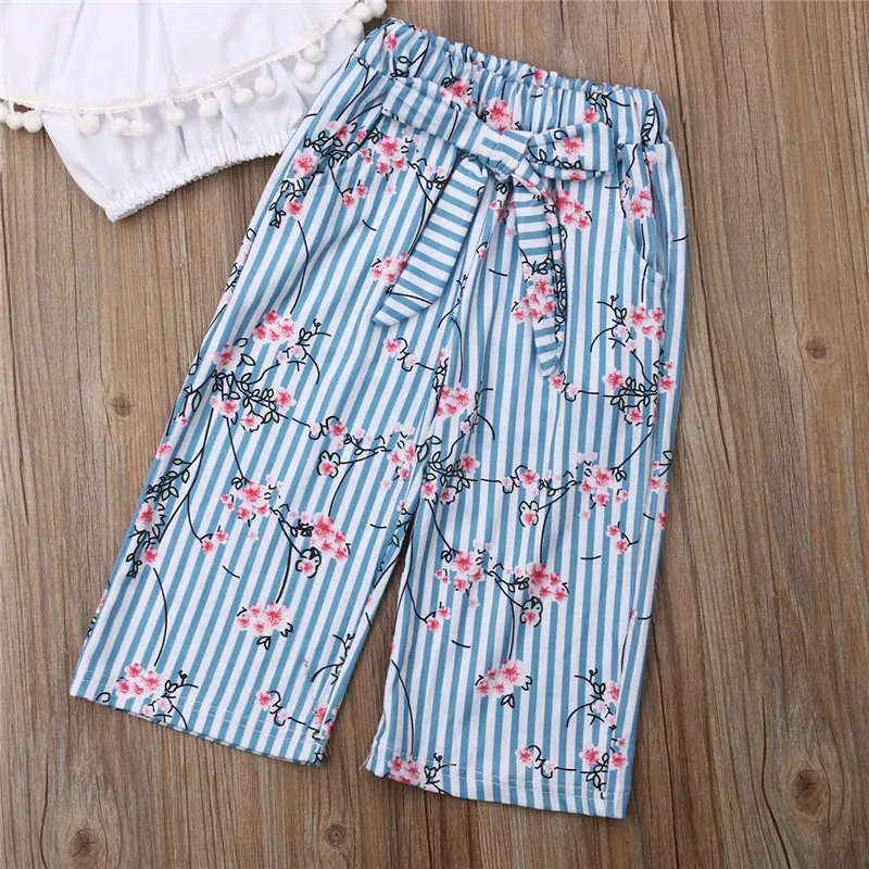Toddler Kids Girls Summer Clothes Sets Fashion 2Pcs For Girl Slash Neck Tassels Crop Tops Floral Wide Leg Pant Girl Outfits 1-6Y